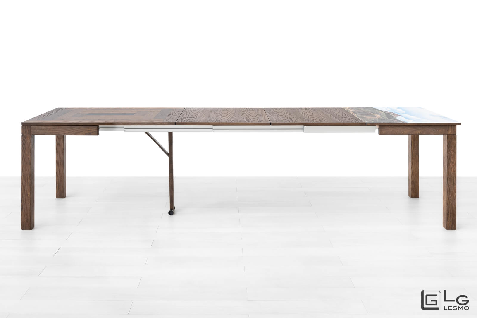 EXTENDABLE TABLE<br>Finish: Modern Coffee Elm<br>up to 14 seats